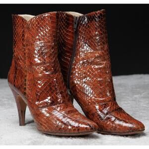 Clavel Vintage Cognac Leather Snake Print Heeled Ankle Boots Womens Size 7